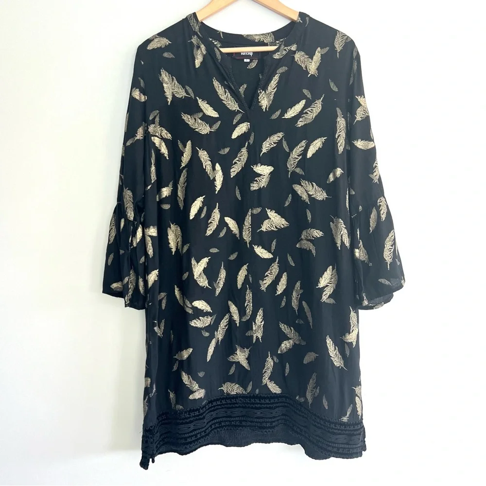 JOHNNY WAS Workshop Black Metallic Gold Feathers Embroidered Hem Mini Dress Sz L - Picture 2 of 16
